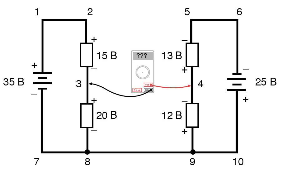 Рисунок 11 Правило напряжений Кирхгофа в сложной цепи. Напряжение между точками 4 и 3