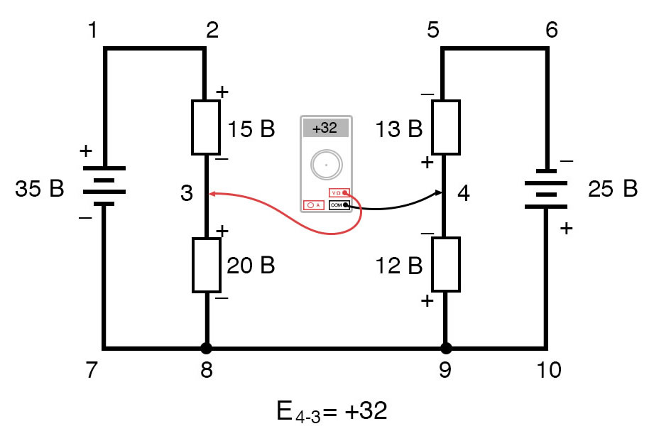 Рисунок 16 Правило напряжений Кирхгофа в сложной цепи. Напряжение между точками 3 и 4