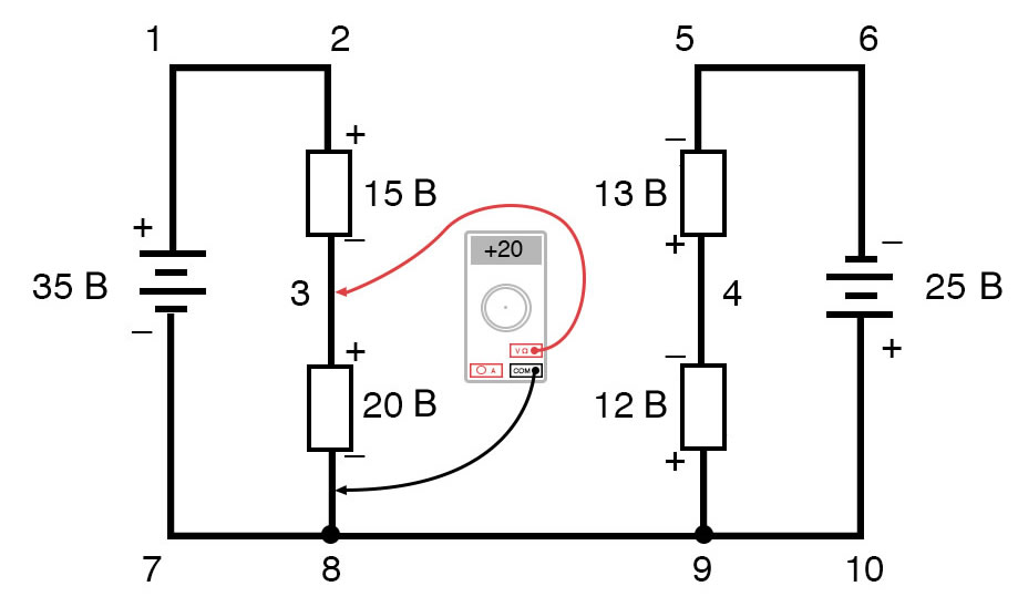 Рисунок 14 Правило напряжений Кирхгофа в сложной цепи. Напряжение между точками 3 и 8