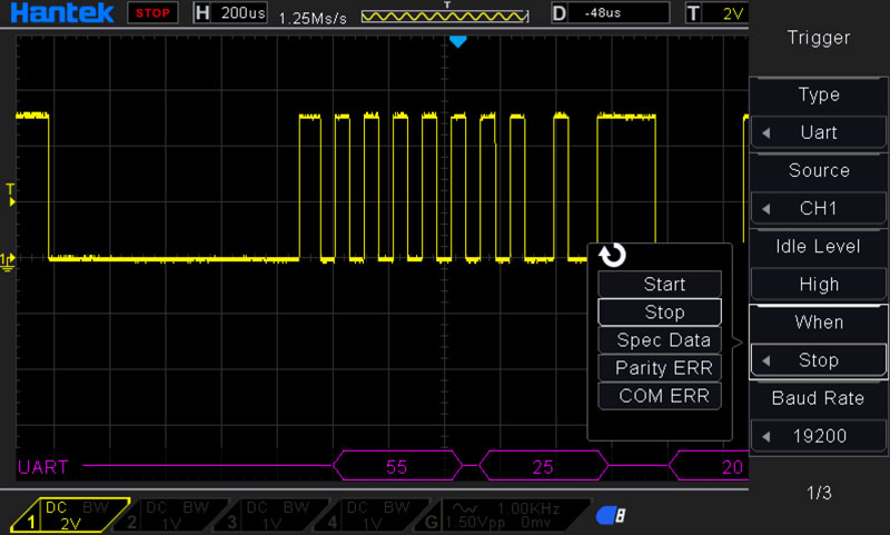Функция синхронизации сигнала UART по выбранным условиям захвата осциллографом DSO4254С.